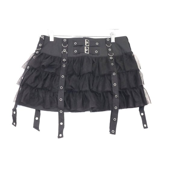 Black Gothic Punk Ruffled Mini Skirt With Straps & Buckle Accents Dark Academia - Picture 1 of 10